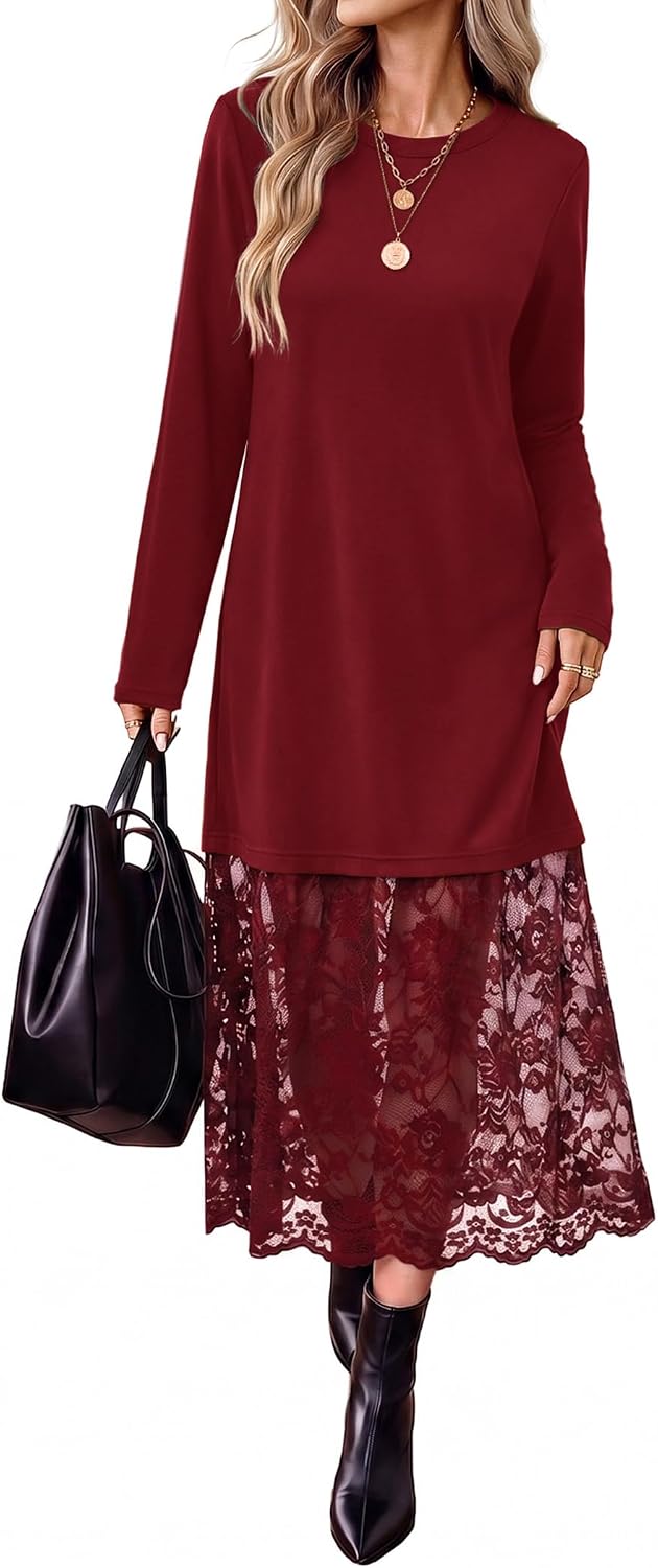 Long Sleeve Fall Dresses Midi Lace Patchwork Dress Fall Wedding Guest Dress | Winter dresses, fall fashion clothing, business casual outfits, teacher outfits, crew neck, side pockets, going out