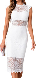 Women's Lace Floral Cocktail Wedding Guest Elegant Formal Dresses | Elegant Sleeveless, Crew Neck, Slim Sheath Midi Dress, Full Lace, Classy, Tea Party, Bridesmaid Event, Mother of the Bride