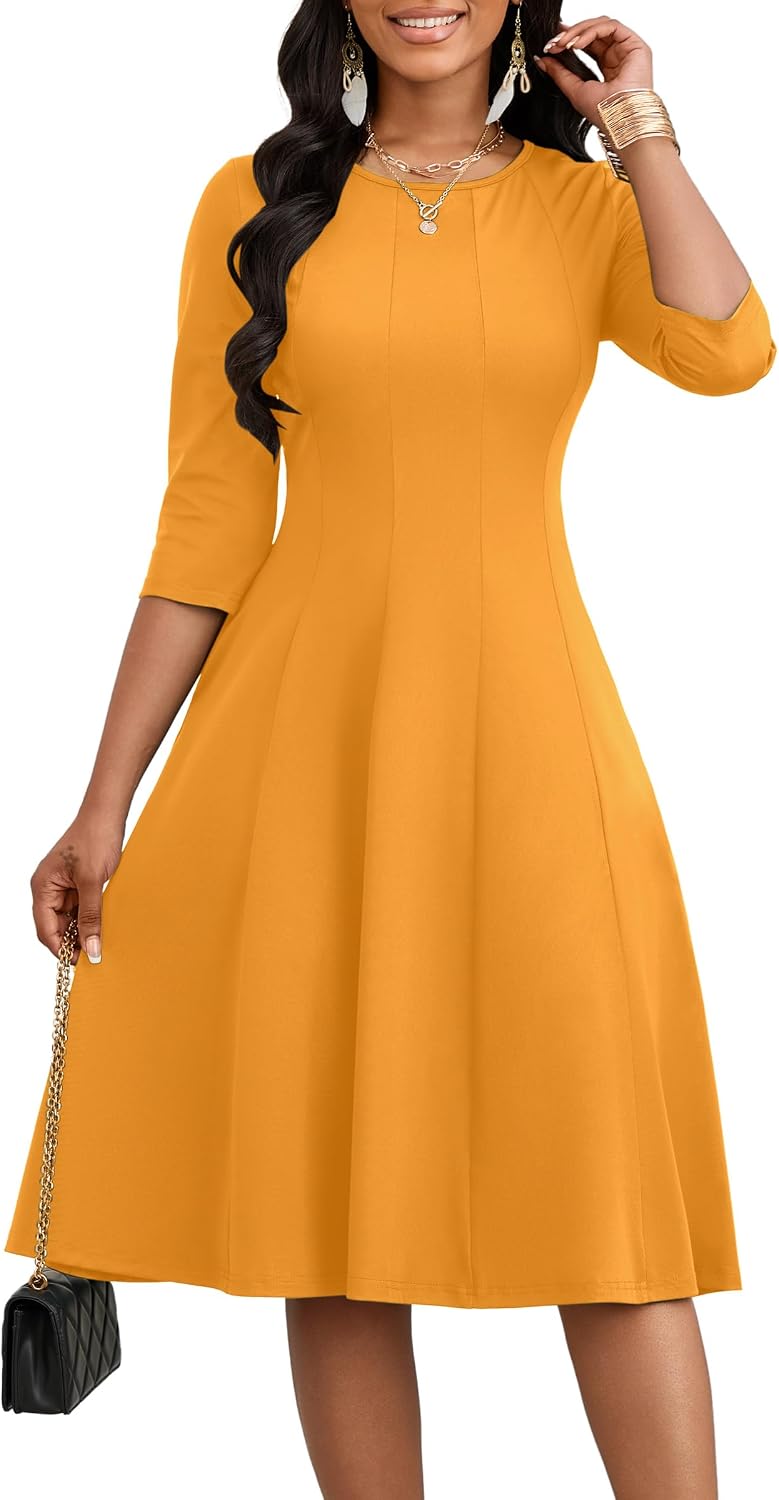 CLOCOR Midi Dresses Elegant Church 3\/4 Sleeve Crew Neck Dress with Pocket | Midi dress for cocktail, church, flattering high-waist A-line back zipper for easy on\/off, side pockets for convenience