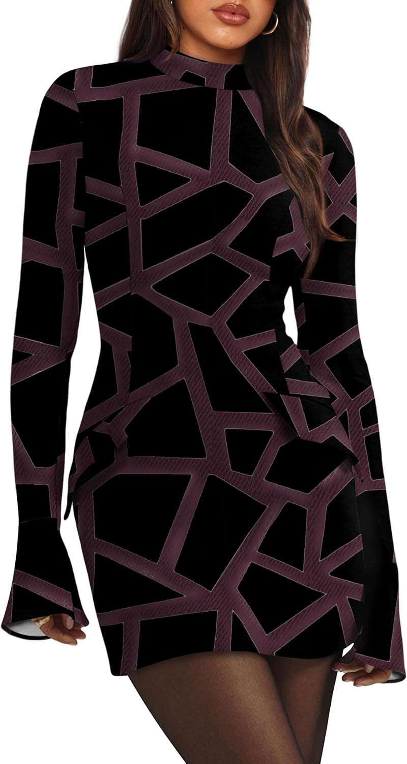 OFEEFAN Women's Fall Long Sleeve Mock Neck Dress Basic Party Club Bodycon Mini Dresses