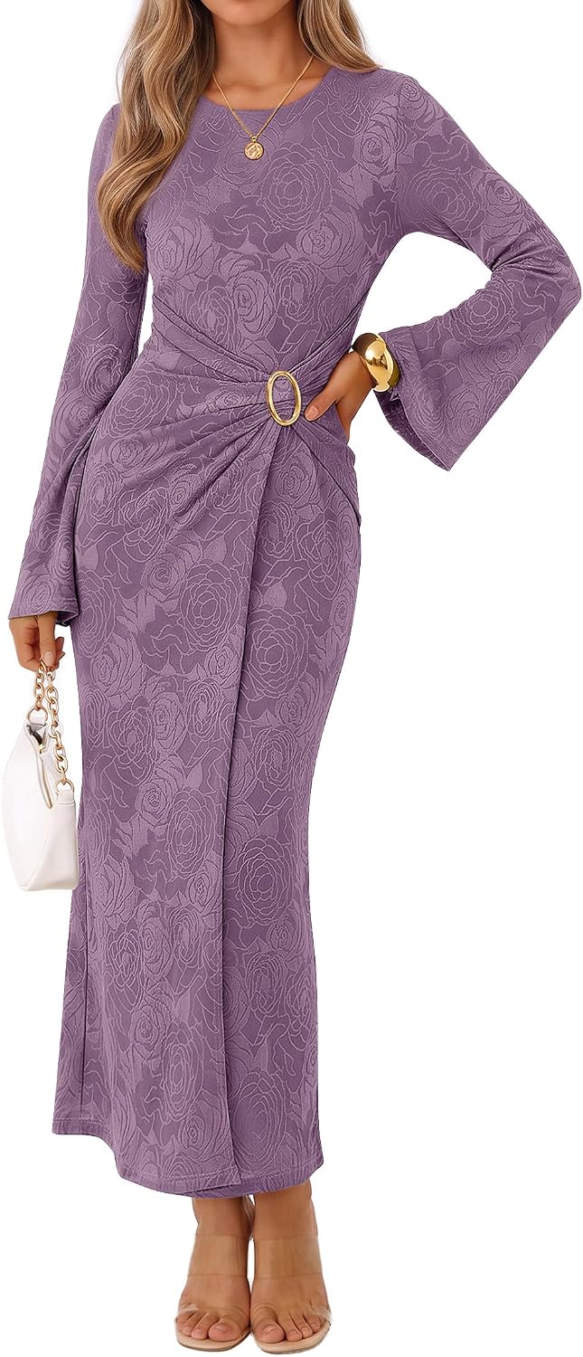 MEROKEETY Women's Fall Long Sleeve Formal Wedding Guest Cocktail Maxi Dress | Bell Sleeve, Crew Neck, Faux Wrap, Bodycon, Cinched Waist, Floral, Ruched, Buckle, Tea Length, Modest Dinner Dresses 2026