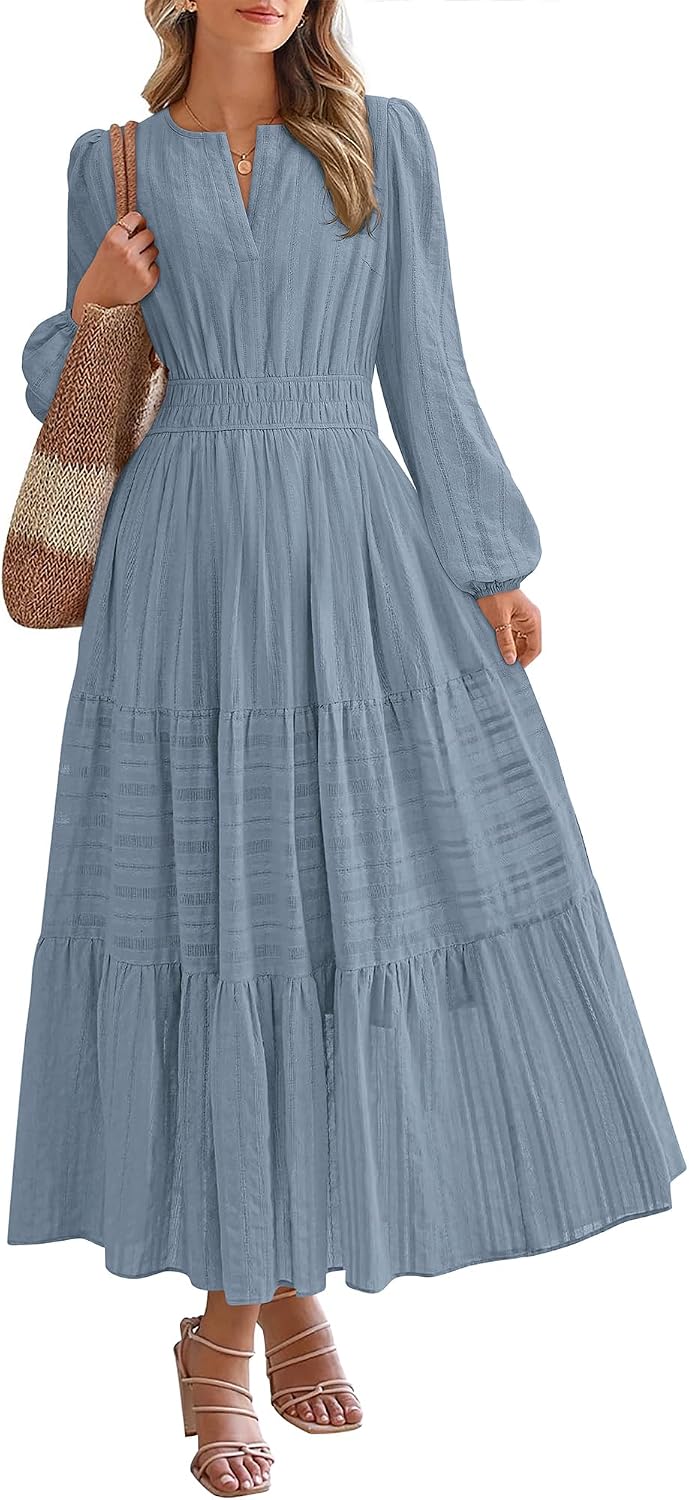 BTFBM Womens Fall 2026 Casual Midi Maxi Dresses | Lightweight Long Sleeve V Neck,Elastic Waist A Line Cotton Long Dresses,Boho Wedding Guest Dress Pockets,Fashion Clothing