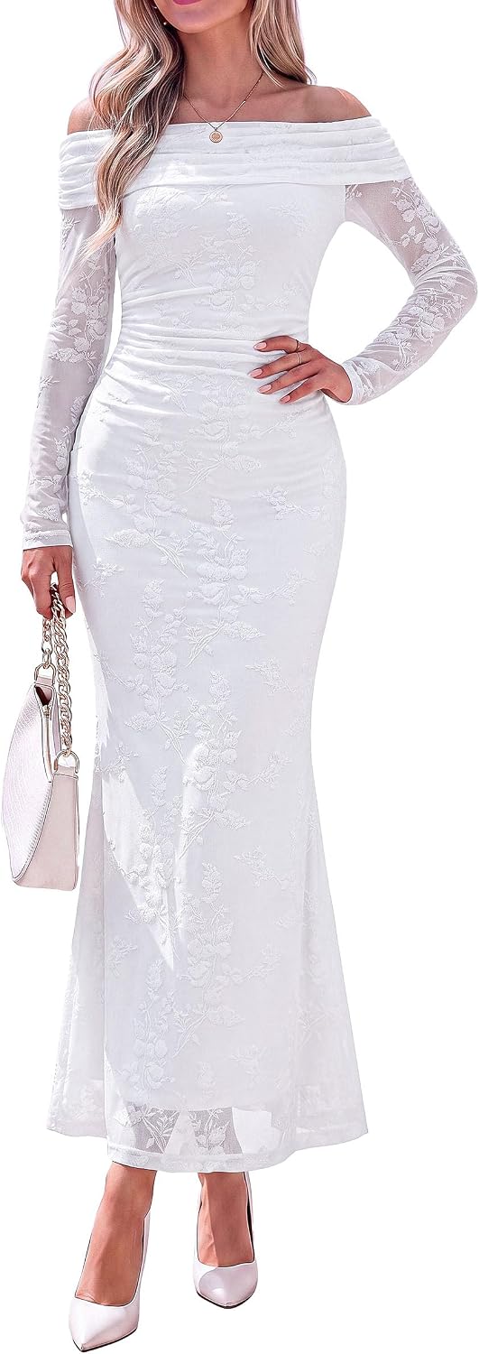 PRETTYGARDEN Womens Fall Off Shoulder Floral Maxi Wedding Guest Dress | Mesh Slim Fit,Elegant Bodycon,Formal Party Cocktail Dress,Bridal Shower Baby Shower,Date Night Outfits,Vacation Long Dresses