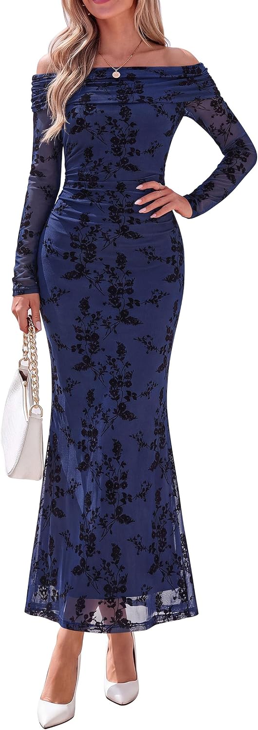 PRETTYGARDEN Womens Fall Off Shoulder Floral Maxi Wedding Guest Dress | Mesh Slim Fit,Elegant Bodycon,Formal Party Cocktail Dress,Bridal Shower Baby Shower,Date Night Outfits,Vacation Long Dresses