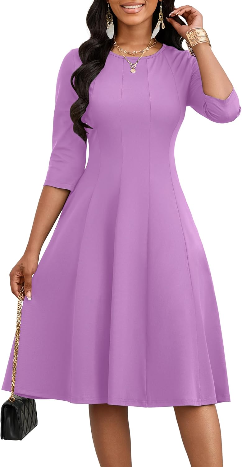 CLOCOR Midi Dresses Elegant Church 3\/4 Sleeve Crew Neck Dress with Pocket | Midi dress for cocktail, church, flattering high-waist A-line back zipper for easy on\/off, side pockets for convenience