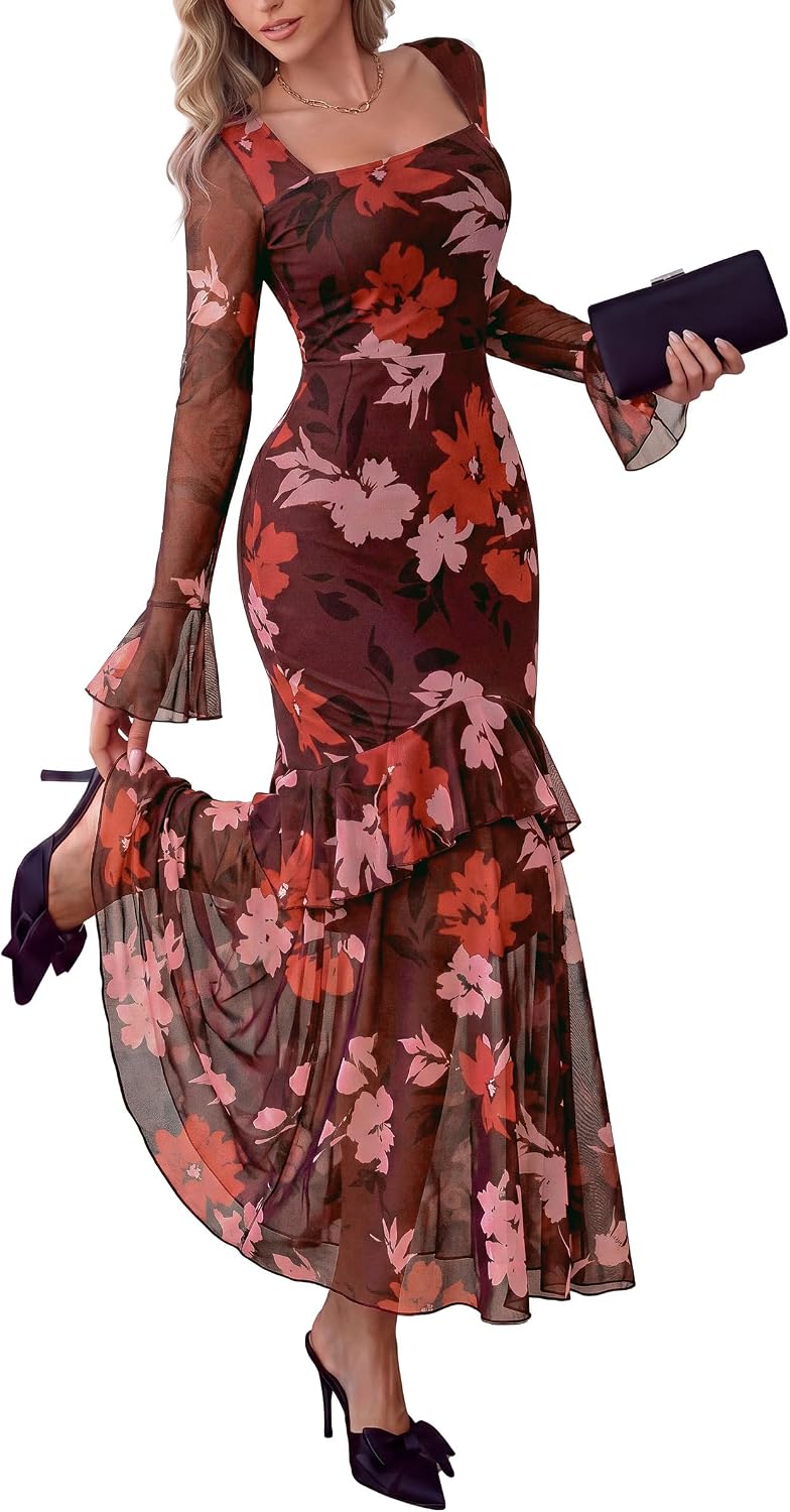 PRETTYGARDEN Womens Floral Long Sleeve Dress A Line Mesh Fall Maxi Dresses | Sheer Sleeve & Bell Cuffs, Lined, High Waist & Tiered Ruffle, Square Neck, Flowy Boho Dress, Cocktail Wedding Guest Dresses