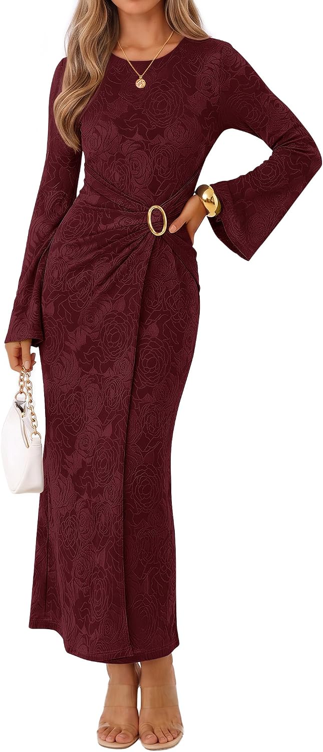 MEROKEETY Women's Fall Long Sleeve Formal Wedding Guest Cocktail Maxi Dress | Bell Sleeve, Crew Neck, Faux Wrap, Bodycon, Cinched Waist, Floral, Ruched, Buckle, Tea Length, Modest Dinner Dresses 2026