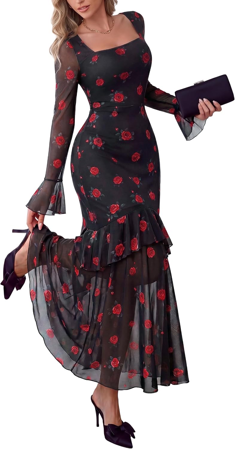 PRETTYGARDEN Womens Floral Long Sleeve Dress A Line Mesh Fall Maxi Dresses | Sheer Sleeve & Bell Cuffs, Lined, High Waist & Tiered Ruffle, Square Neck, Flowy Boho Dress, Cocktail Wedding Guest Dresses