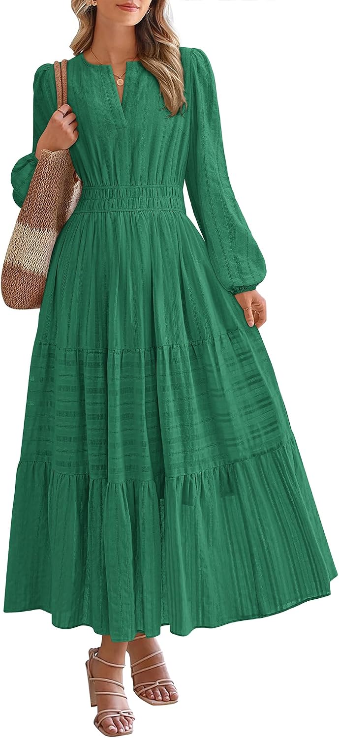BTFBM Womens Fall 2026 Casual Midi Maxi Dresses | Lightweight Long Sleeve V Neck,Elastic Waist A Line Cotton Long Dresses,Boho Wedding Guest Dress Pockets,Fashion Clothing