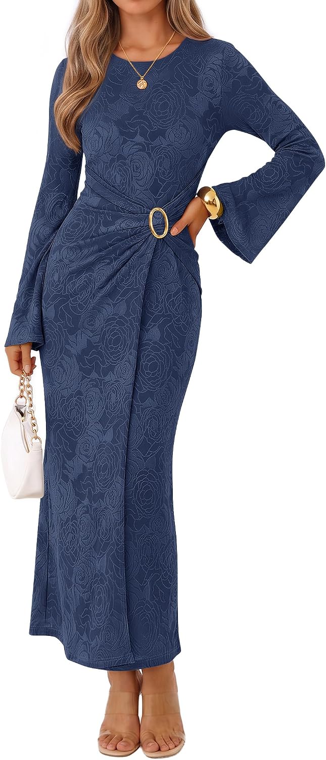 MEROKEETY Women's Fall Long Sleeve Formal Wedding Guest Cocktail Maxi Dress | Bell Sleeve, Crew Neck, Faux Wrap, Bodycon, Cinched Waist, Floral, Ruched, Buckle, Tea Length, Modest Dinner Dresses 2026