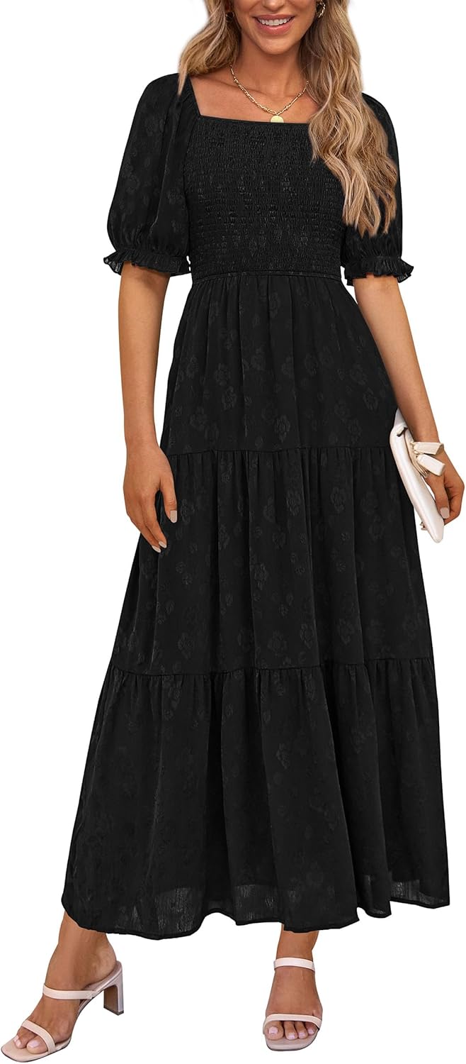 PRETTYGARDEN Women's Summer Elegant Floral Midi Dresses | Square Neck Short Sleeve, Smocked Pockets, Ruffle Tiered, Flowy A Line, Fit and Flare, Wedding Guest Party, Boho Outfits