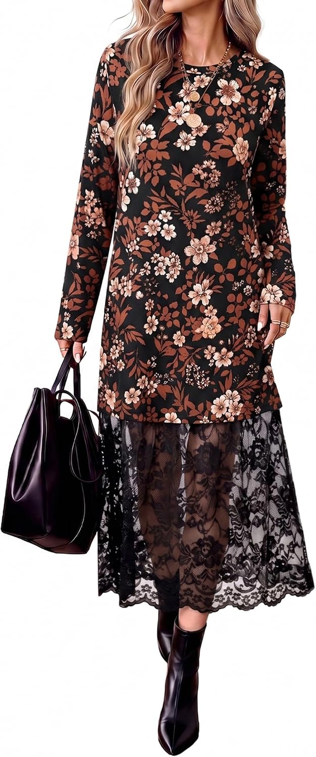 Long Sleeve Fall Dresses Midi Lace Patchwork Dress Fall Wedding Guest Dress | Winter dresses, fall fashion clothing, business casual outfits, teacher outfits, crew neck, side pockets, going out