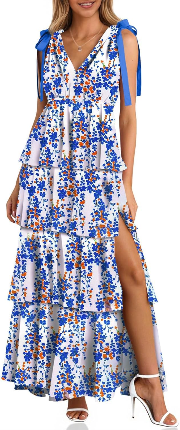Wenrine Womens Elegant Wedding Guest Dress Floral Ruffle Maxi Dresses | Casual,Tie Strap,Sleeveless,V Neck,High Slit,Boho,Ruffle,Tiered,Beach