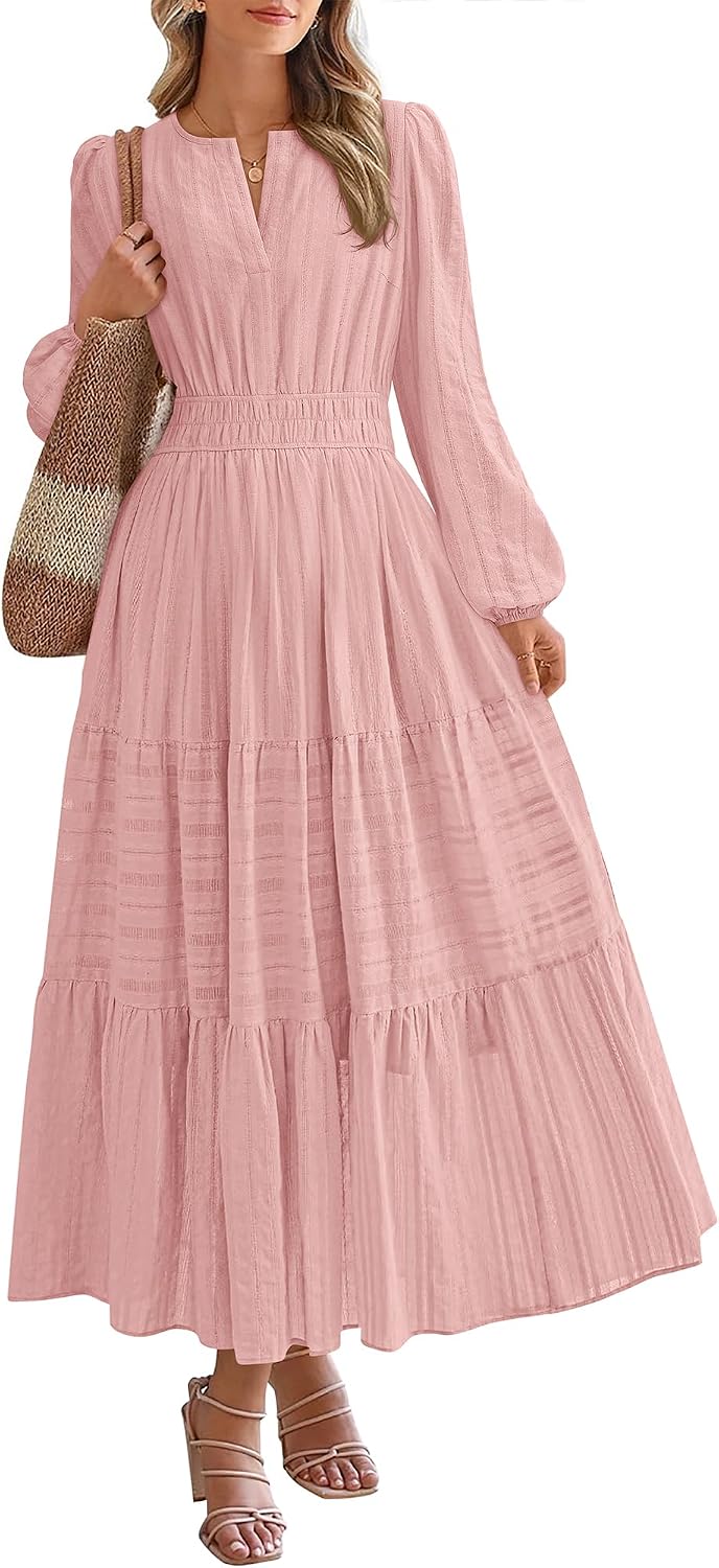 BTFBM Womens Fall 2026 Casual Midi Maxi Dresses | Lightweight Long Sleeve V Neck,Elastic Waist A Line Cotton Long Dresses,Boho Wedding Guest Dress Pockets,Fashion Clothing