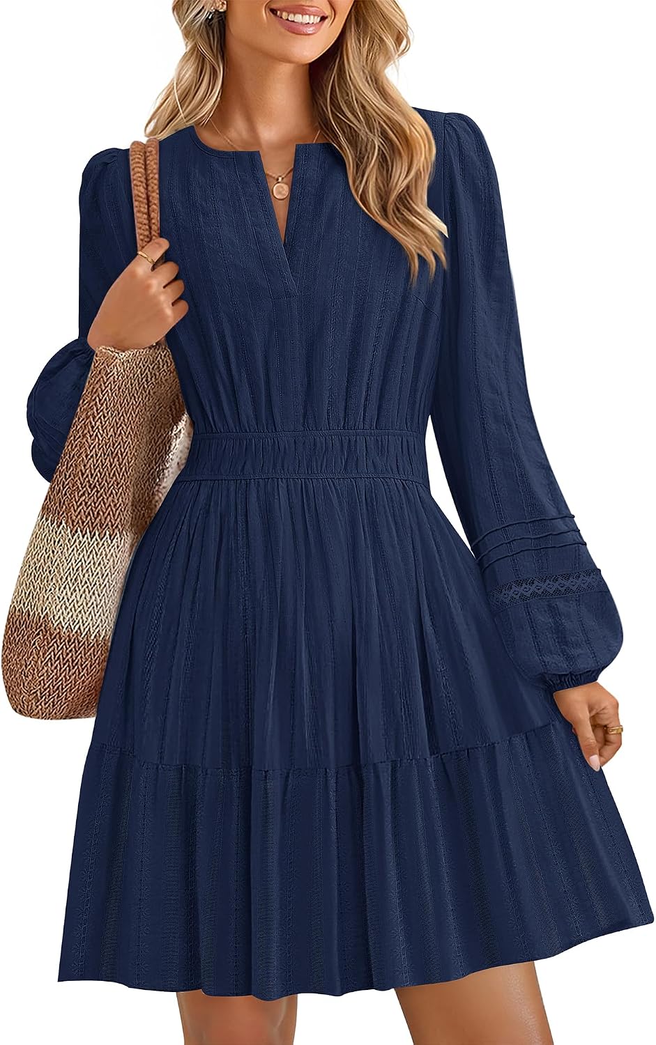 ZESICA Women's Fall Long Sleeve V Neck Flowy Mini Dresses | A Line Cotton Short Dress, Lightweight, Holiday, Work Office, Vacation, Homecoming, Baby Shower, 2026 Fall Trendy Clothes