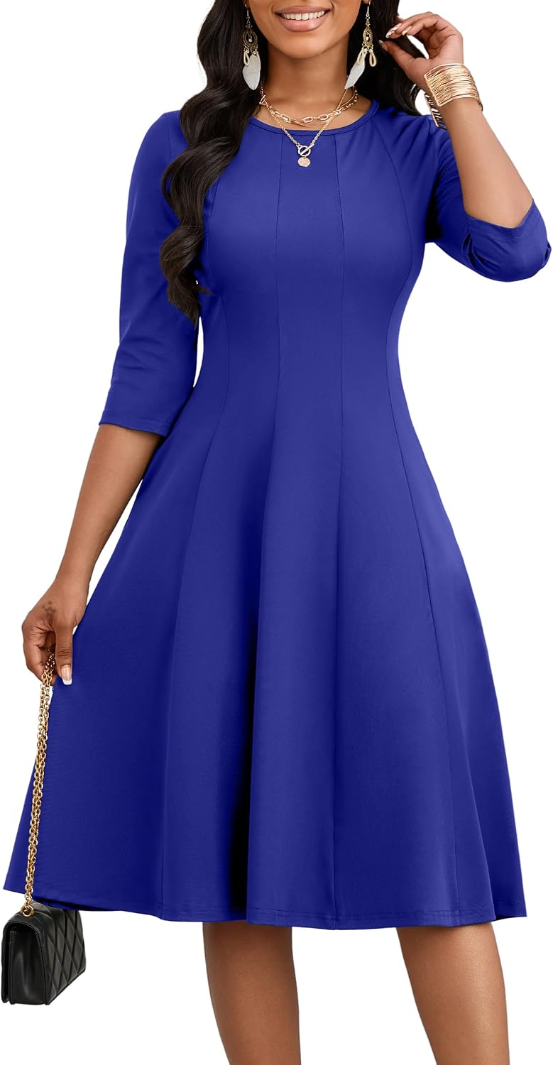 CLOCOR Midi Dresses Elegant Church 3\/4 Sleeve Crew Neck Dress with Pocket | Midi dress for cocktail, church, flattering high-waist A-line back zipper for easy on\/off, side pockets for convenience