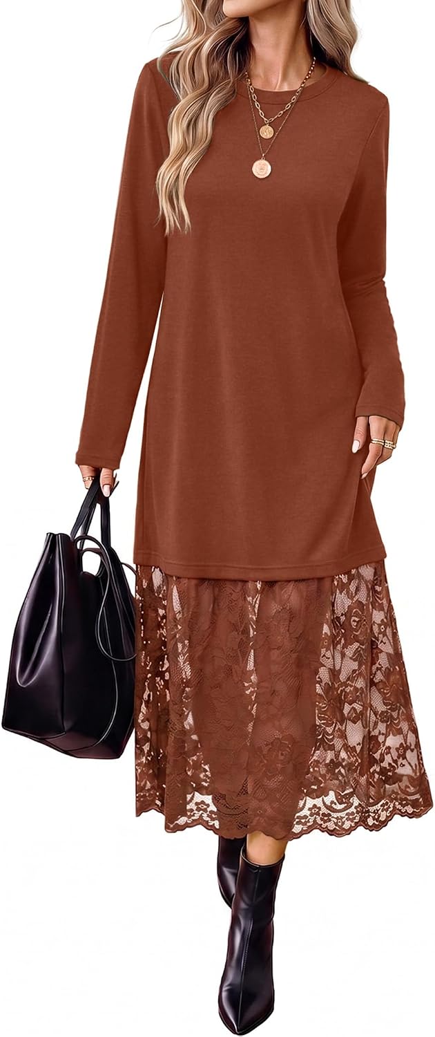 Long Sleeve Fall Dresses Midi Lace Patchwork Dress Fall Wedding Guest Dress | Winter dresses, fall fashion clothing, business casual outfits, teacher outfits, crew neck, side pockets, going out