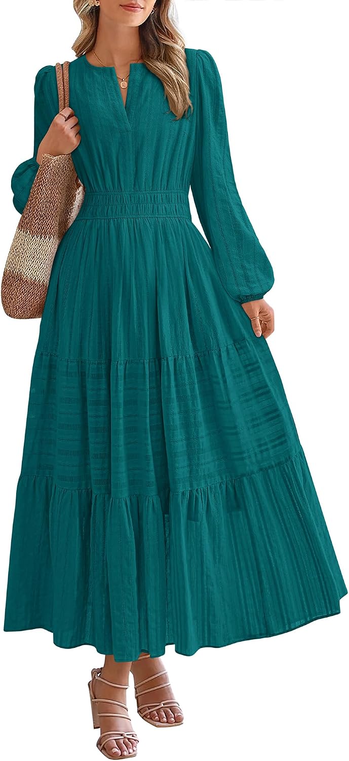 BTFBM Womens Fall 2026 Casual Midi Maxi Dresses | Lightweight Long Sleeve V Neck,Elastic Waist A Line Cotton Long Dresses,Boho Wedding Guest Dress Pockets,Fashion Clothing