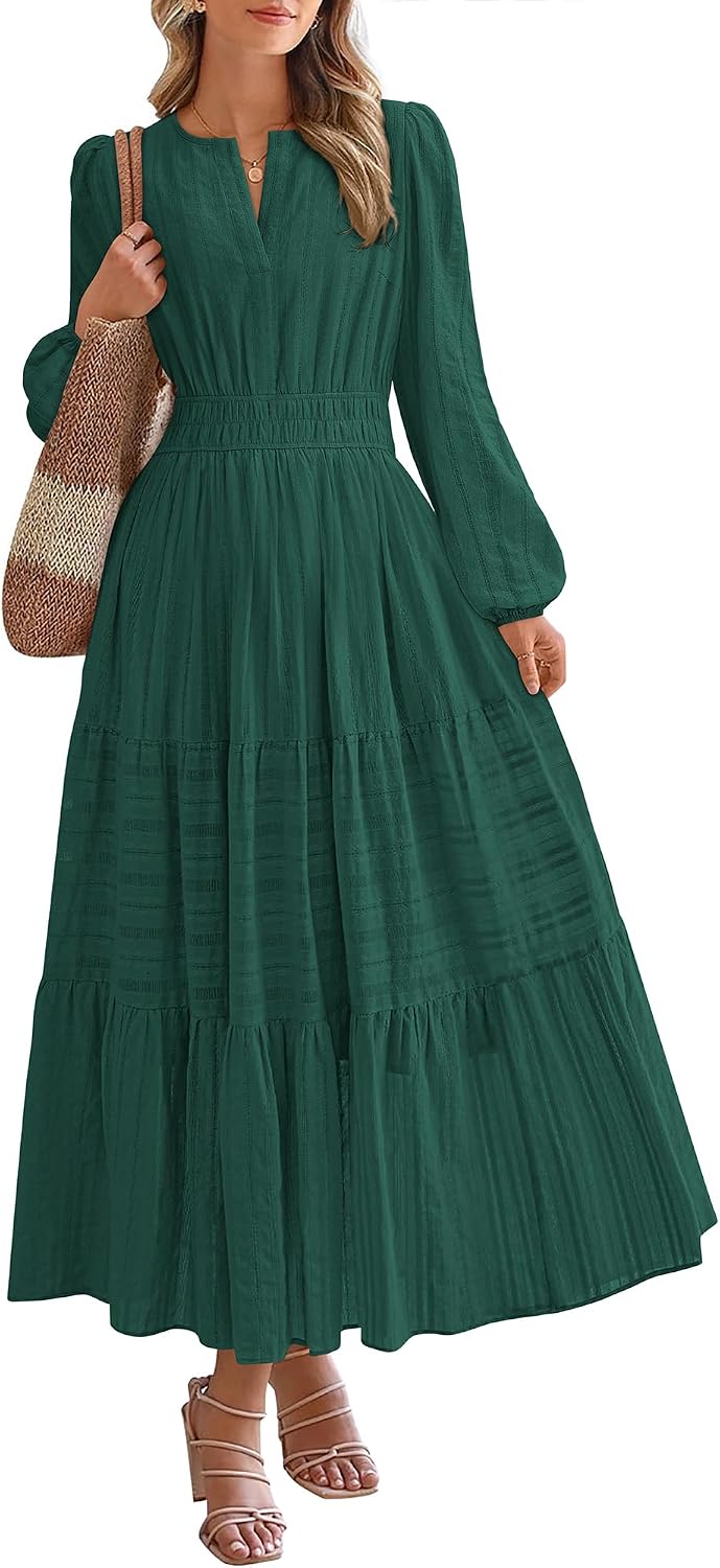 BTFBM Womens Fall 2026 Casual Midi Maxi Dresses | Lightweight Long Sleeve V Neck,Elastic Waist A Line Cotton Long Dresses,Boho Wedding Guest Dress Pockets,Fashion Clothing