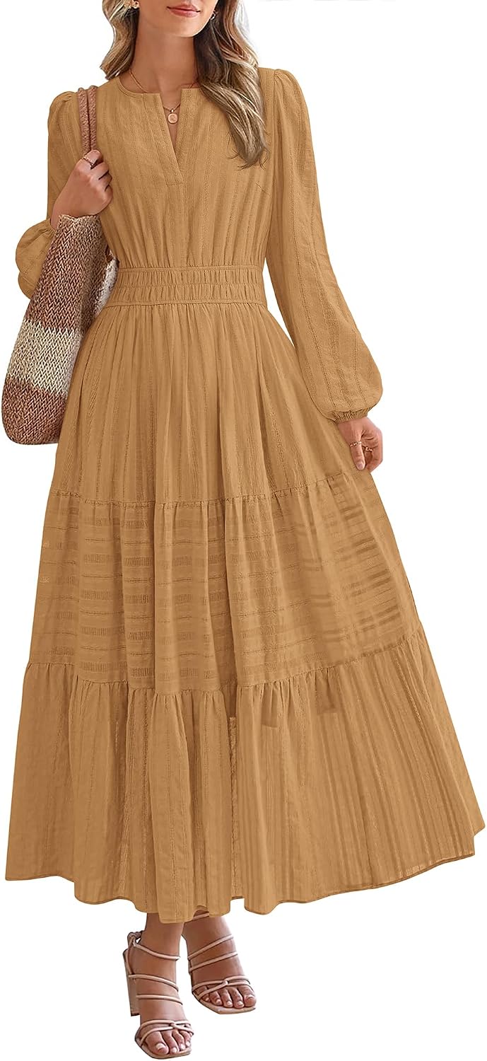 BTFBM Womens Fall 2026 Casual Midi Maxi Dresses | Lightweight Long Sleeve V Neck,Elastic Waist A Line Cotton Long Dresses,Boho Wedding Guest Dress Pockets,Fashion Clothing