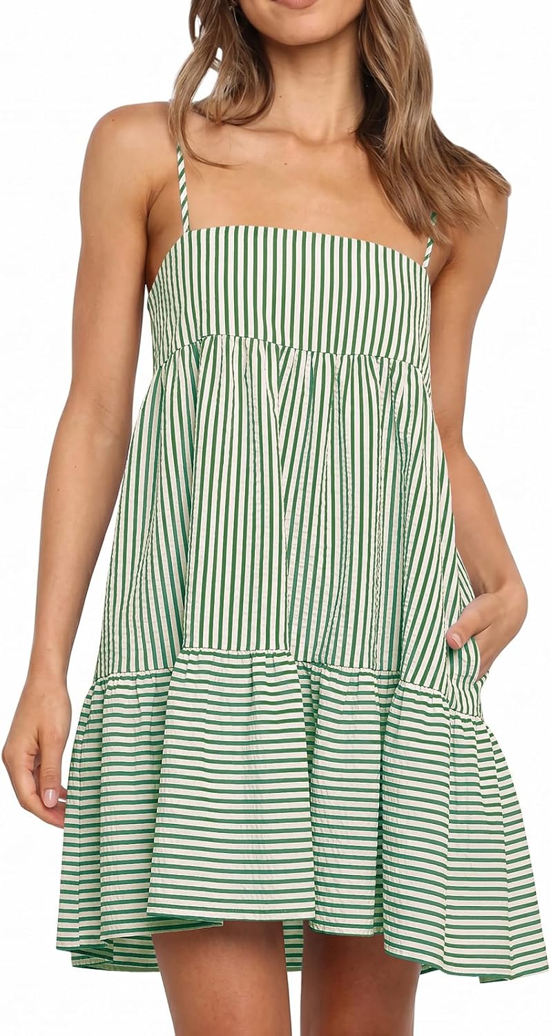 Wenrine Womens Summer Striped Mini Dress Spaghetti Strap Beach Sundress | Casual,Sleeveless,Loose,A Line,Short Dresses,Vacation,Resort,Sun Dress, with Pockets