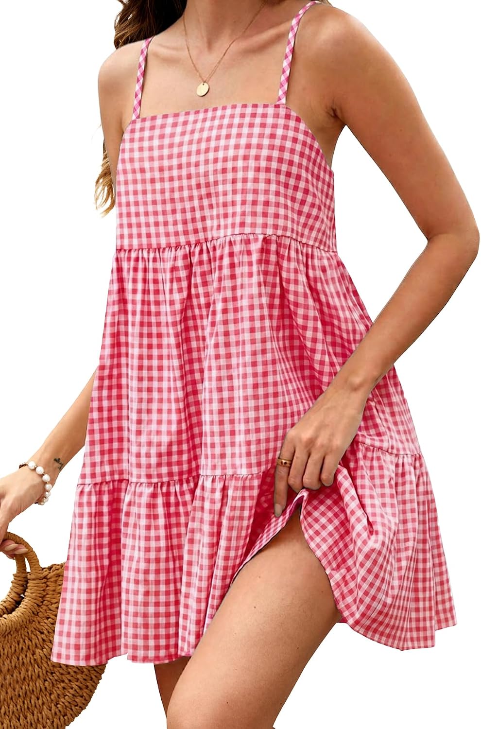 ELLEVEN Women's Gingham Mini Dress Beach Casual with Pockets | Spaghetti Strap Flowy A-Line Sleeveless Plaid Sundress Babydoll Maternity