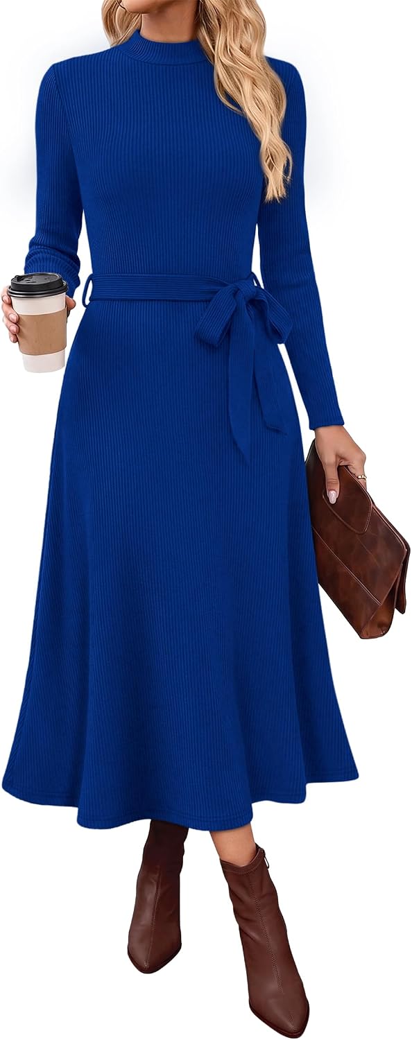 OFEEFAN Long Sleeve Dress Mock Neck Tie Waist Ribbed Knit Midi Dresses Fall Outfits