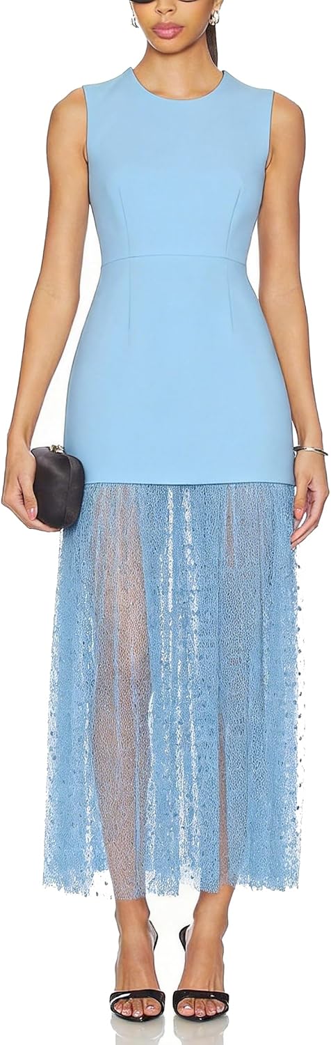 Women Sleeveless Sheer Lace Mesh Ruffles Maxi Dress Cocktail Party Dress | Tulle Overlay Hem Bodycon Wedding Guest Dress Club Night Evening Gowns Date Night Lace Mesh Hem Formal Dress