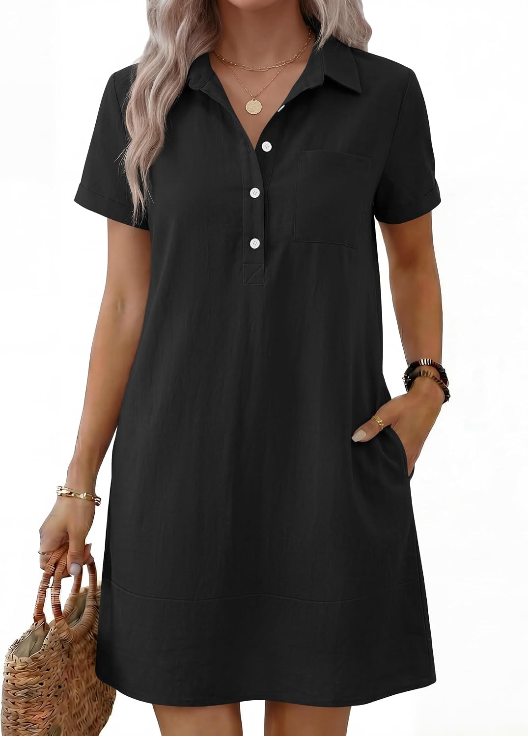 ANRABESS Womens Summer Casual Short Sleeve Shirt Dresses | Button Polo T-shirt Loose Shift Dress, Striped & Gingham, Beach Vacation Travel Outfits with Pockets, Spring Fall Clothes