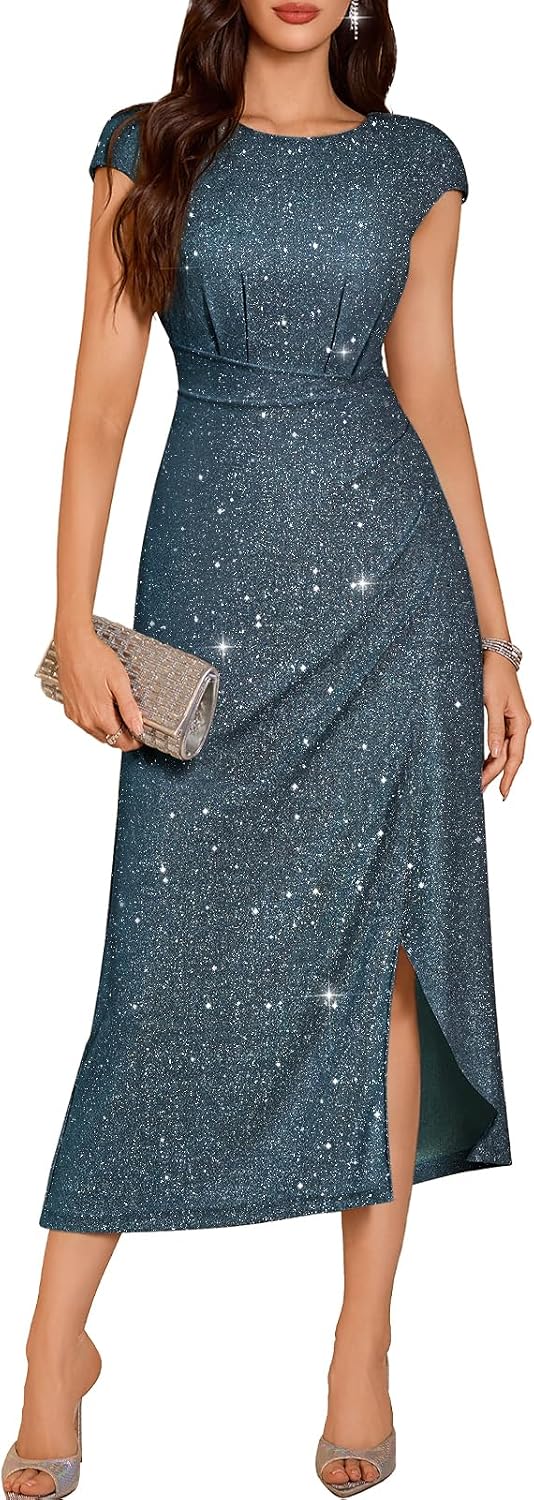 DRESSTELLS Women's Sparkly Formal Wedding Guest Dresses, Sequin Cocktail Party Evening Prom Slit Maxi Dress