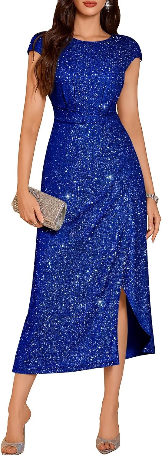DRESSTELLS Women's Sparkly Formal Wedding Guest Dresses, Sequin Cocktail Party Evening Prom Slit Maxi Dress