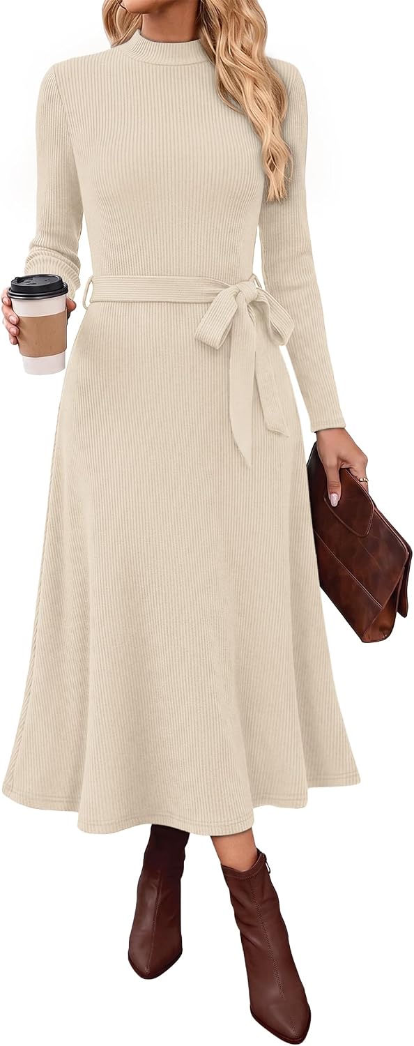 OFEEFAN Long Sleeve Dress Mock Neck Tie Waist Ribbed Knit Midi Dresses Fall Outfits