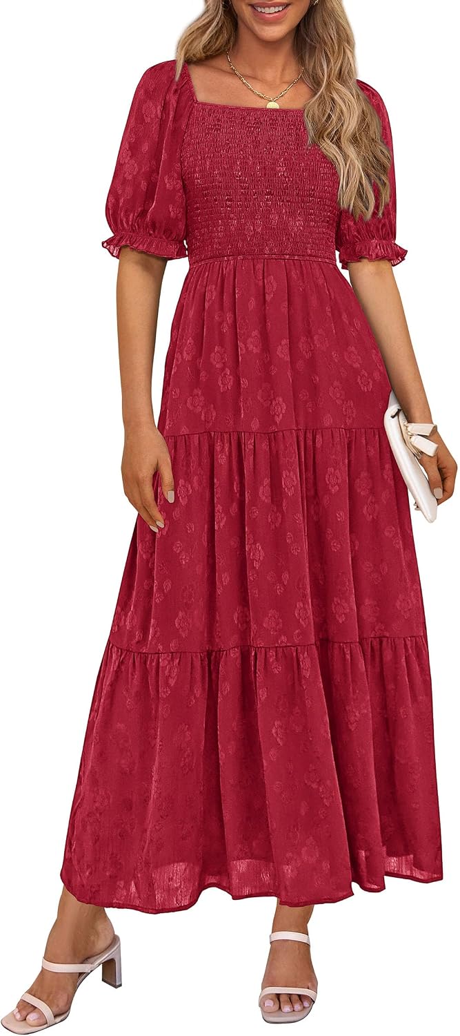 PRETTYGARDEN Women's Summer Elegant Floral Midi Dresses | Square Neck Short Sleeve, Smocked Pockets, Ruffle Tiered, Flowy A Line, Fit and Flare, Wedding Guest Party, Boho Outfits