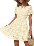 MEROKEETY Women's Summer Eyelet Lace Floral Boho Dress | Mini Dress, Short Sleeve, A Line, Notch Neck, Shirring Waist, Flowy Hem, Elegant Casual Cute, Vacation Beach, Short Sundress