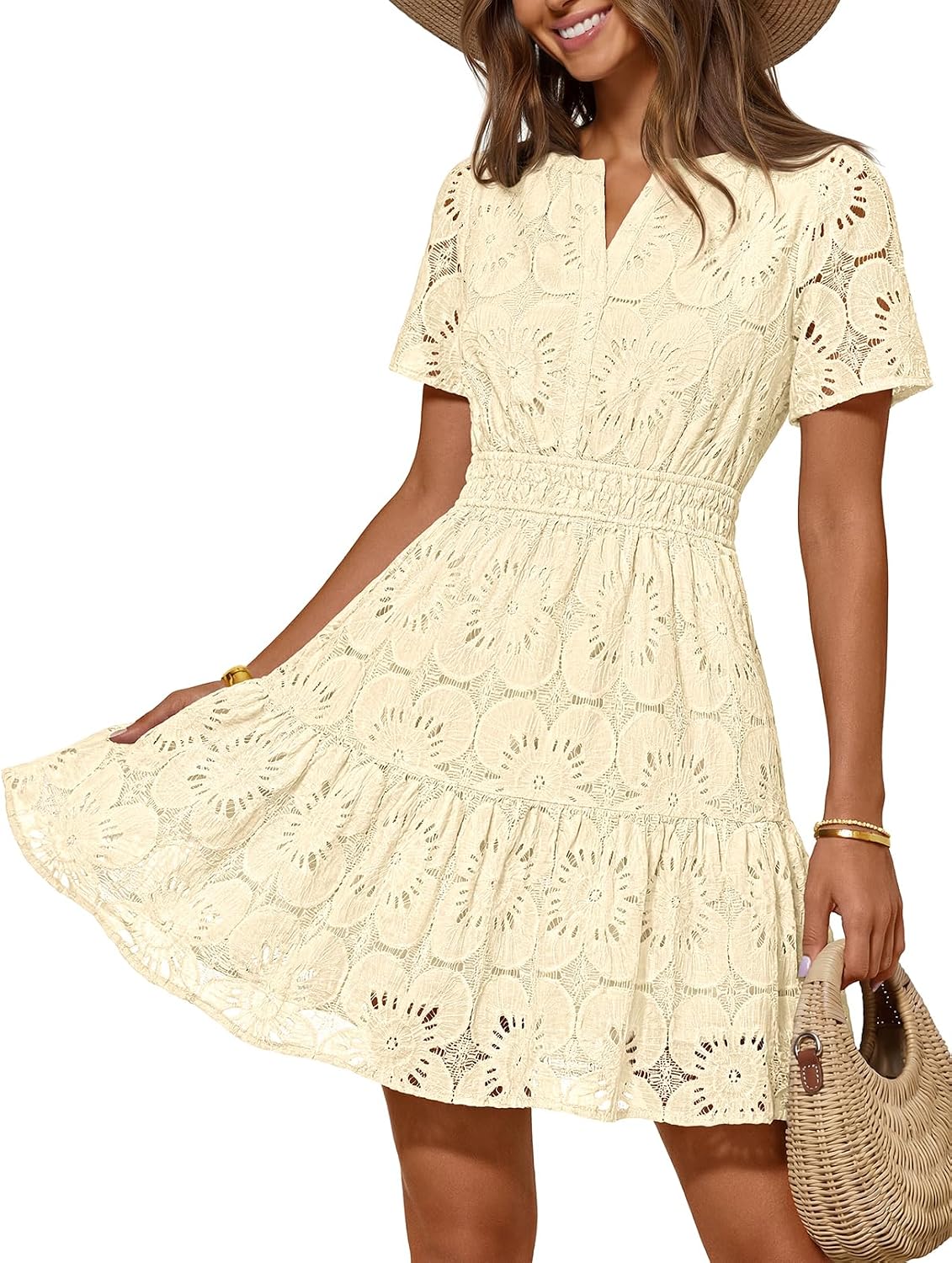 MEROKEETY Women's Summer Eyelet Lace Floral Boho Dress | Mini Dress, Short Sleeve, A Line, Notch Neck, Shirring Waist, Flowy Hem, Elegant Casual Cute, Vacation Beach, Short Sundress