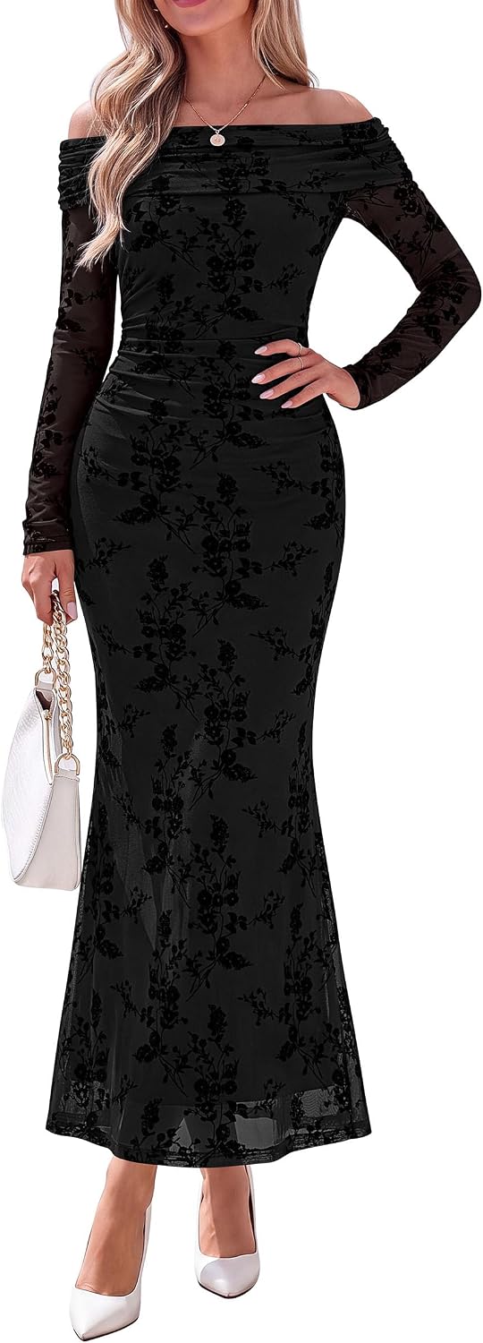 PRETTYGARDEN Womens Fall Off Shoulder Floral Maxi Wedding Guest Dress | Mesh Slim Fit,Elegant Bodycon,Formal Party Cocktail Dress,Bridal Shower Baby Shower,Date Night Outfits,Vacation Long Dresses