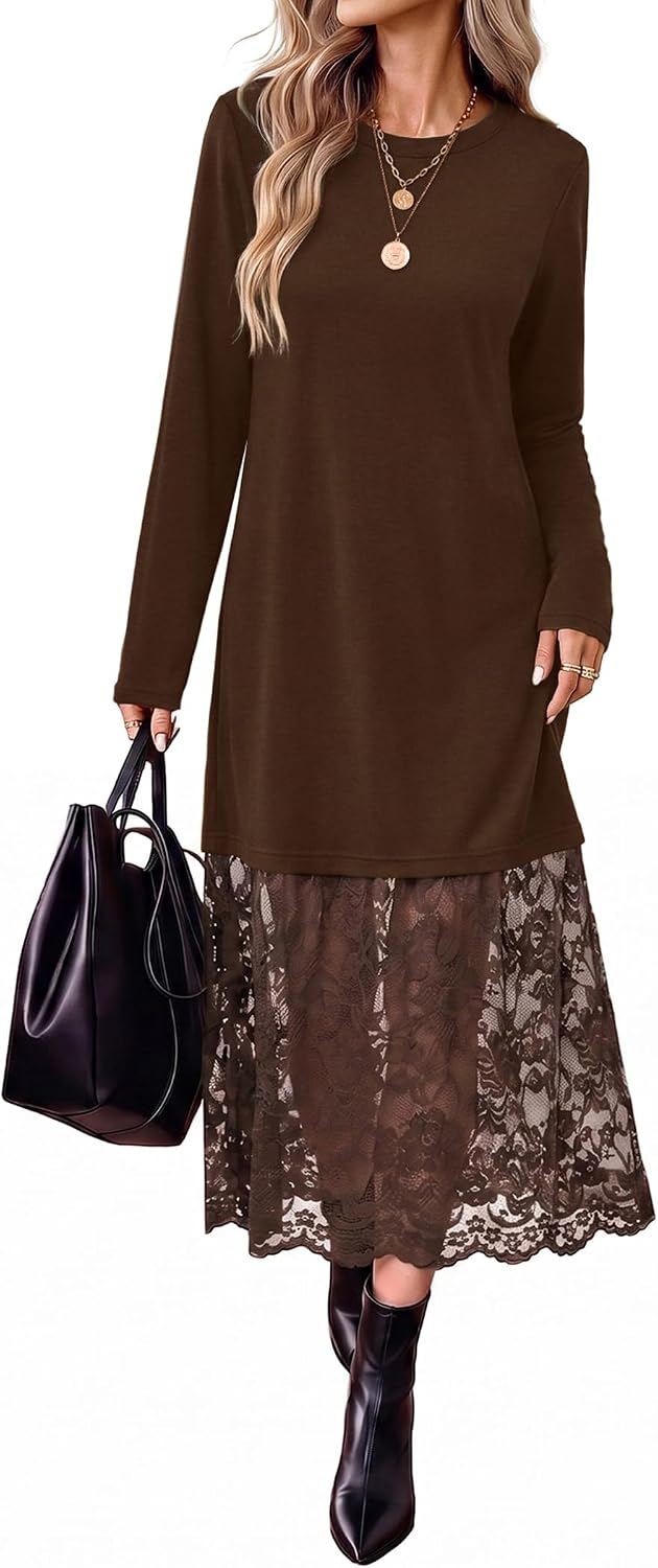 Long Sleeve Fall Dresses Midi Lace Patchwork Dress Fall Wedding Guest Dress | Winter dresses, fall fashion clothing, business casual outfits, teacher outfits, crew neck, side pockets, going out
