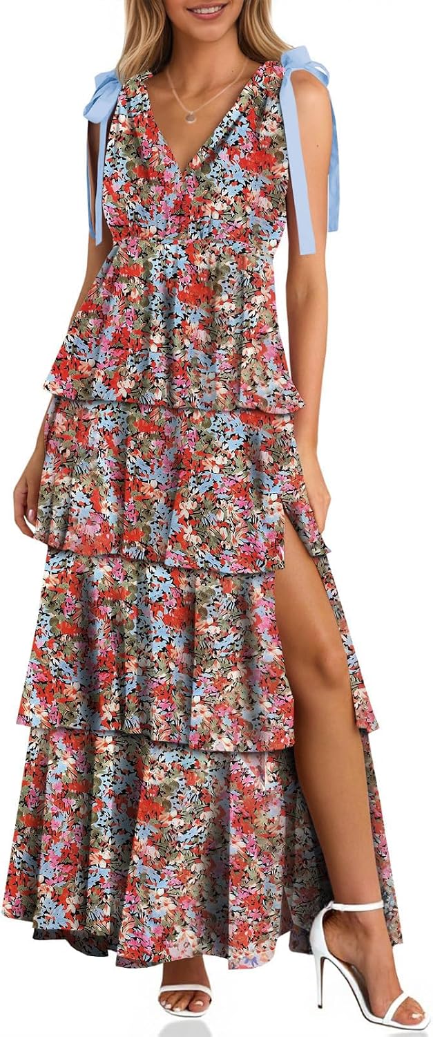 Wenrine Womens Elegant Wedding Guest Dress Floral Ruffle Maxi Dresses | Casual,Tie Strap,Sleeveless,V Neck,High Slit,Boho,Ruffle,Tiered,Beach