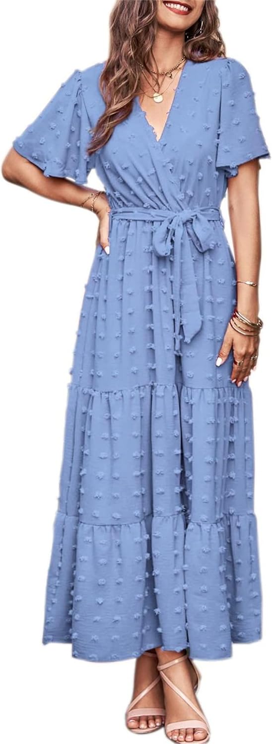 MASCOMODA Womens Summer Swiss Dot Maxi Dresses Wrap Boho Floral Long Dress | V Neck Wrap Dress, Flutter Short Sleeve, Tie Waist, Flowy A Line, Tiered Ruffle Hem, Elegant Spring Wedding Guest Dresses