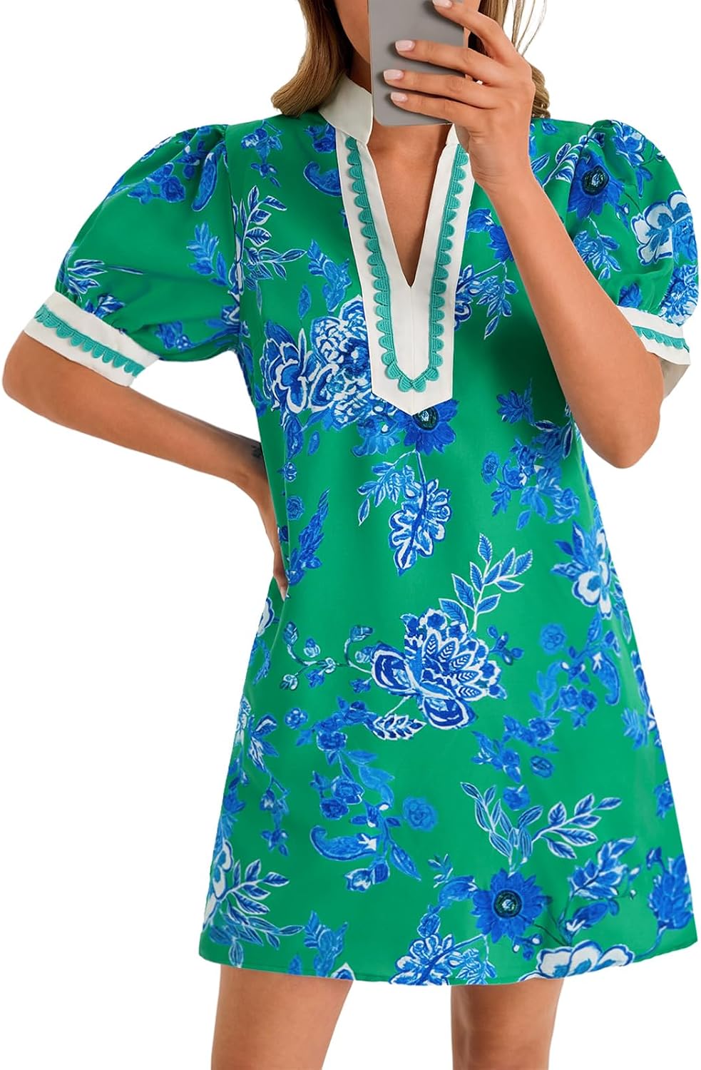 Wenrine Womens Summer Mini Dress Casual Floral Boho Dresses Beach Sundress | Puff Sleeve, V Neck, Color Block, Loose Fit, with Pockets