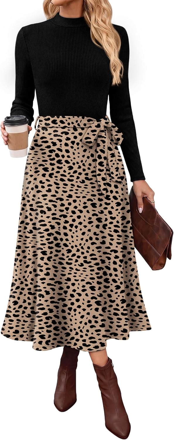 OFEEFAN Long Sleeve Dress Mock Neck Tie Waist Ribbed Knit Midi Dresses Fall Outfits