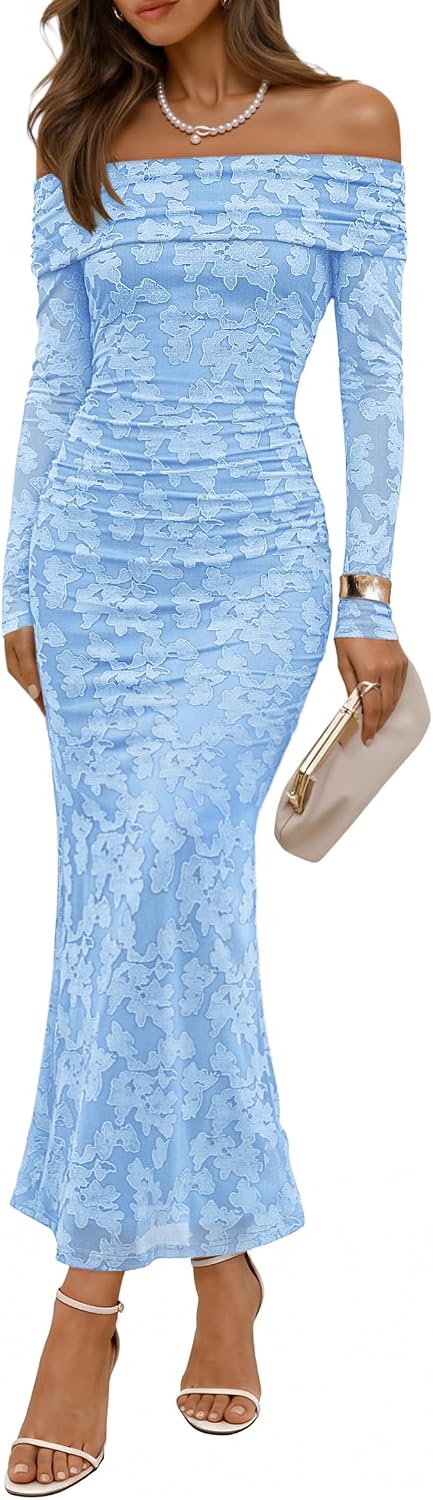 ZESICA Womens Long Sleeve Off Shoulder Maxi Fall Mesh Wedding Guest Dresses | Floral, Bodycon, Elegant, Sexy, Formal, Cocktail, Party, Baby Shower, Bridal Shower, Holiday, Dinner, Prom, Homecoming Dress