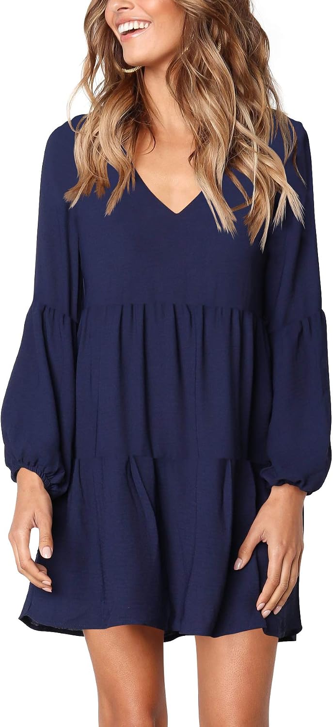 Amoretu Womens Tunic Dress Long Sleeve V Neck Casual Loose Flowy Swing Shift Dresses