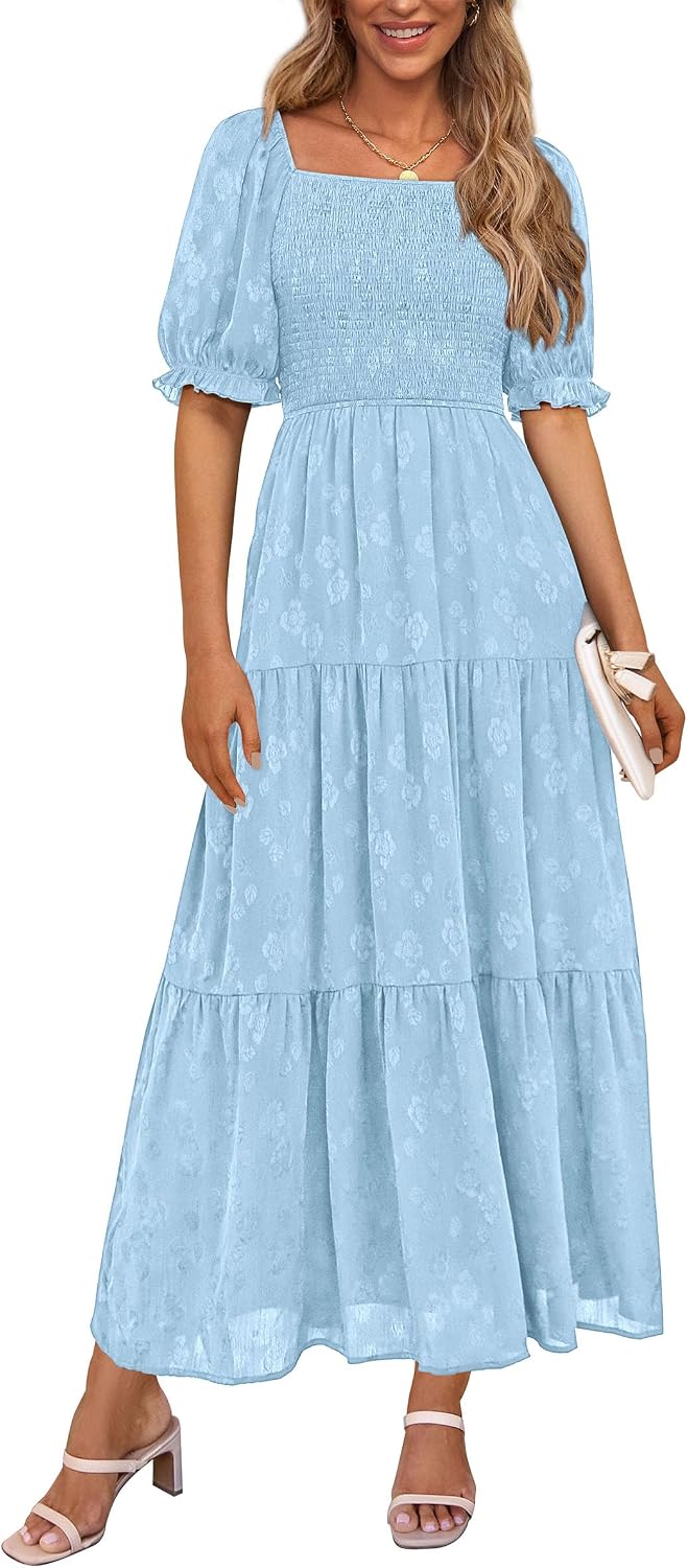 PRETTYGARDEN Women's Summer Elegant Floral Midi Dresses | Square Neck Short Sleeve, Smocked Pockets, Ruffle Tiered, Flowy A Line, Fit and Flare, Wedding Guest Party, Boho Outfits