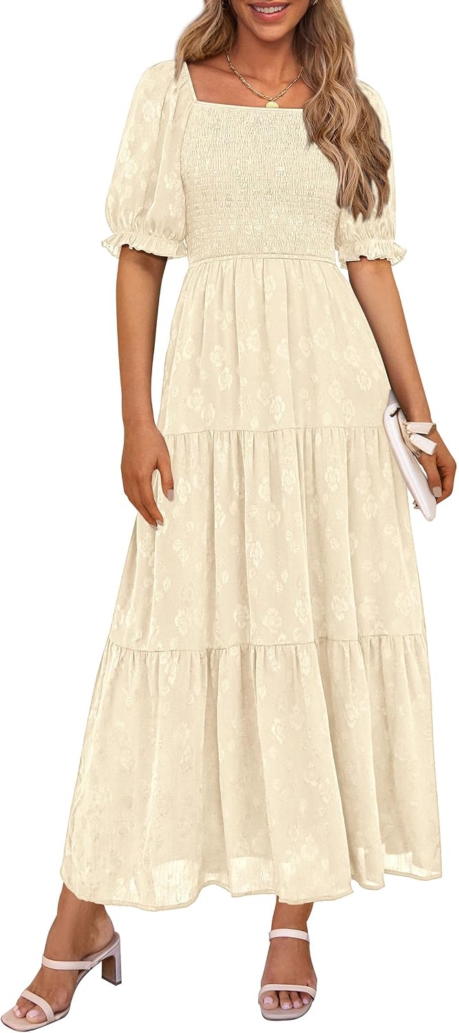 PRETTYGARDEN Women's Summer Elegant Floral Midi Dresses | Square Neck Short Sleeve, Smocked Pockets, Ruffle Tiered, Flowy A Line, Fit and Flare, Wedding Guest Party, Boho Outfits