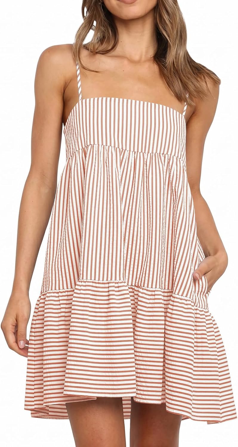 Wenrine Womens Summer Striped Mini Dress Spaghetti Strap Beach Sundress | Casual,Sleeveless,Loose,A Line,Short Dresses,Vacation,Resort,Sun Dress, with Pockets