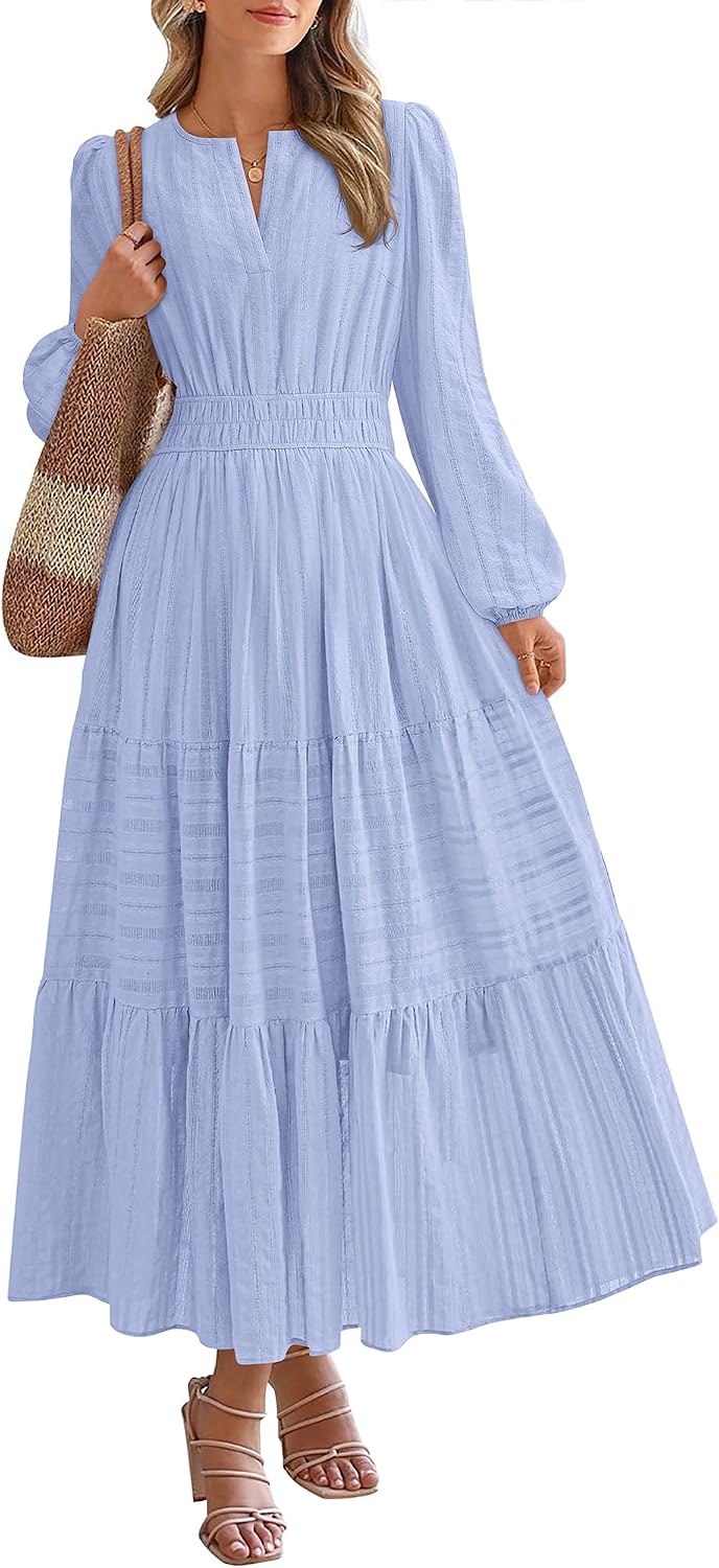 BTFBM Womens Fall 2026 Casual Midi Maxi Dresses | Lightweight Long Sleeve V Neck,Elastic Waist A Line Cotton Long Dresses,Boho Wedding Guest Dress Pockets,Fashion Clothing