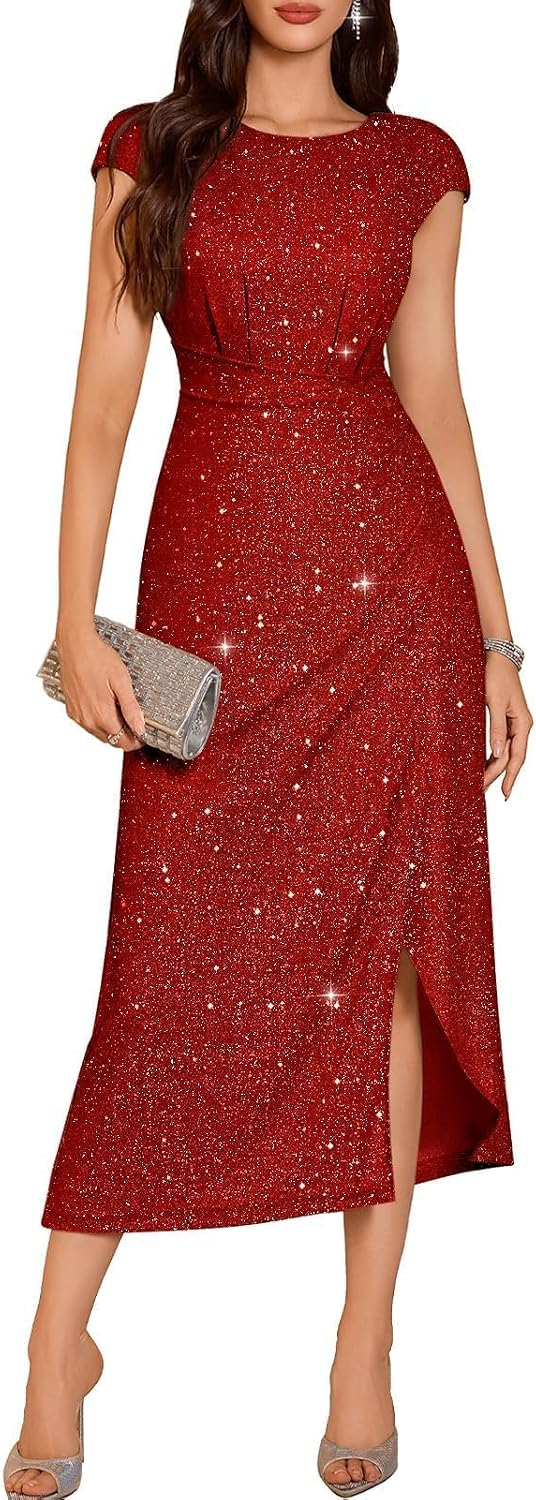 DRESSTELLS Women's Sparkly Formal Wedding Guest Dresses, Sequin Cocktail Party Evening Prom Slit Maxi Dress