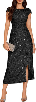 DRESSTELLS Women's Sparkly Formal Wedding Guest Dresses, Sequin Cocktail Party Evening Prom Slit Maxi Dress
