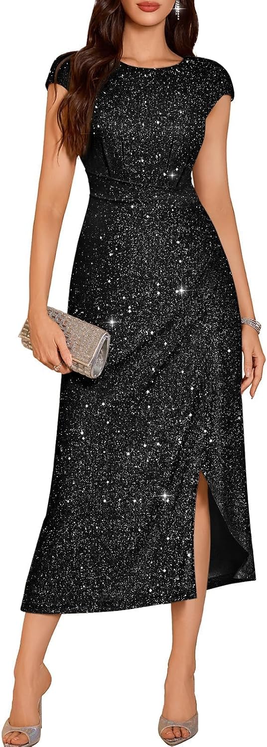 DRESSTELLS Women's Sparkly Formal Wedding Guest Dresses, Sequin Cocktail Party Evening Prom Slit Maxi Dress